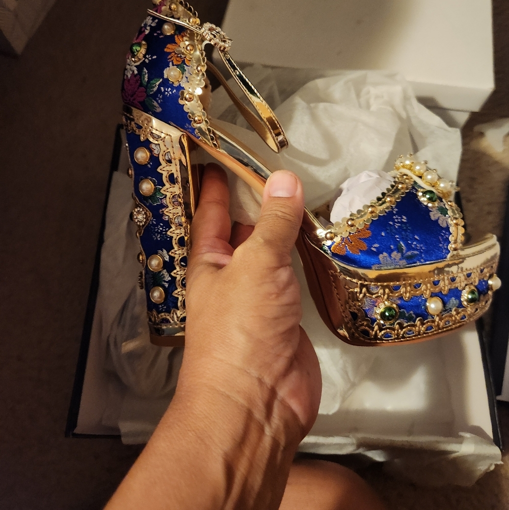 Luxurious Blue and Gold Embellished Heels